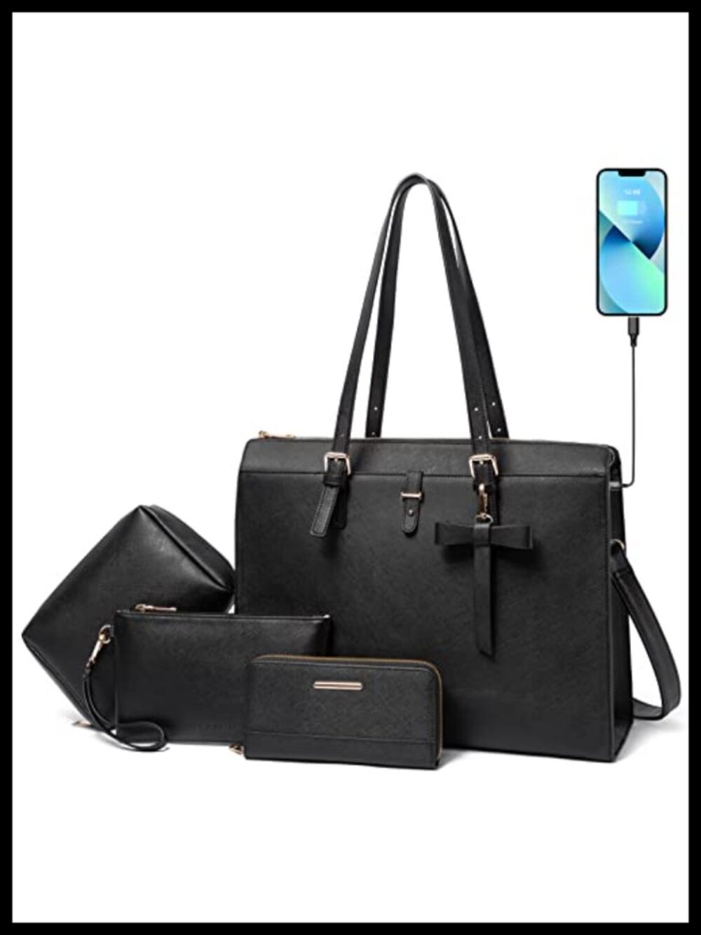 PU Leather Laptop Bag 15.6 Inch with USB Charging Port Large Tote